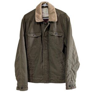 Aeropostale Men's Military Bomber Jacket, Large, Khaki, Faux Fur Collar, Quilted